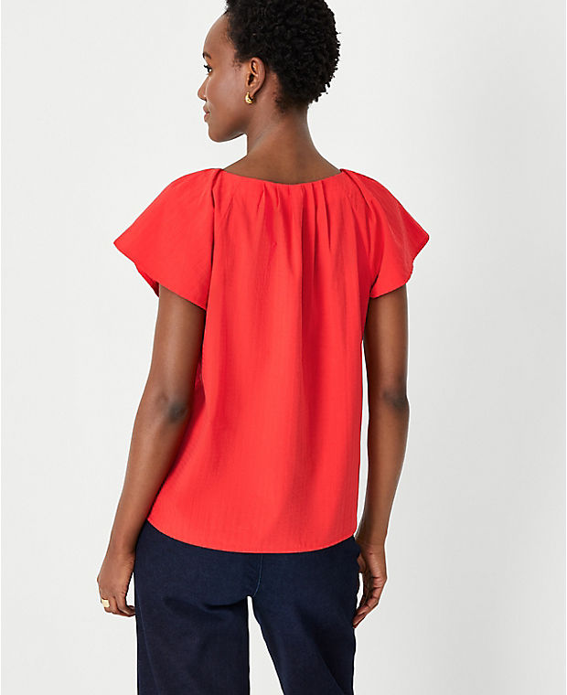 Pleated V-Neck Button Top