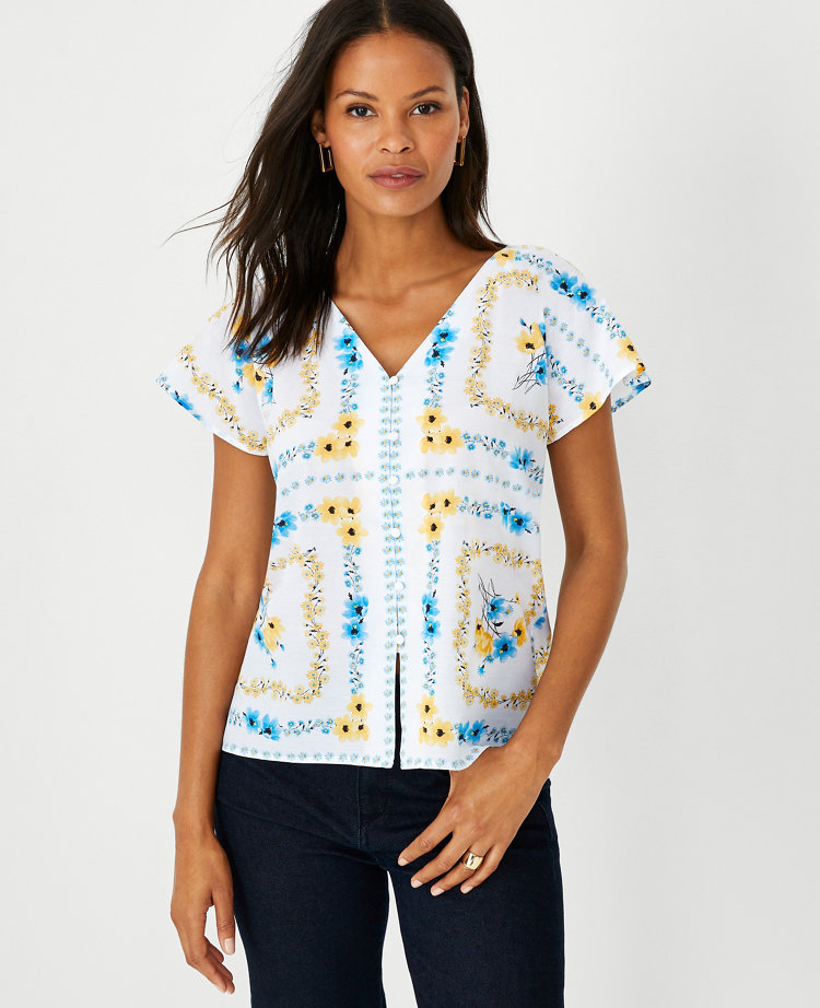 Floral Pleated V-Neck Button Top
