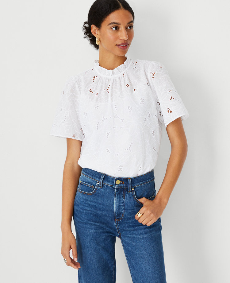 Floral Cutout Lace Ruffle Mock Neck Top