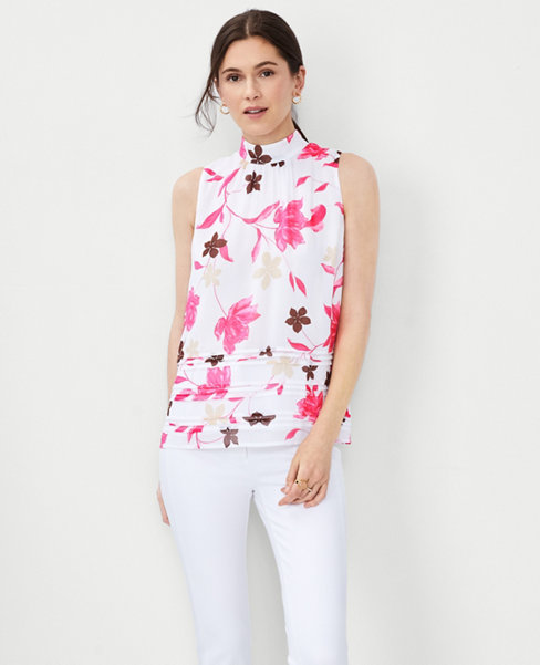 Floral Pintucked Mock Neck Shell