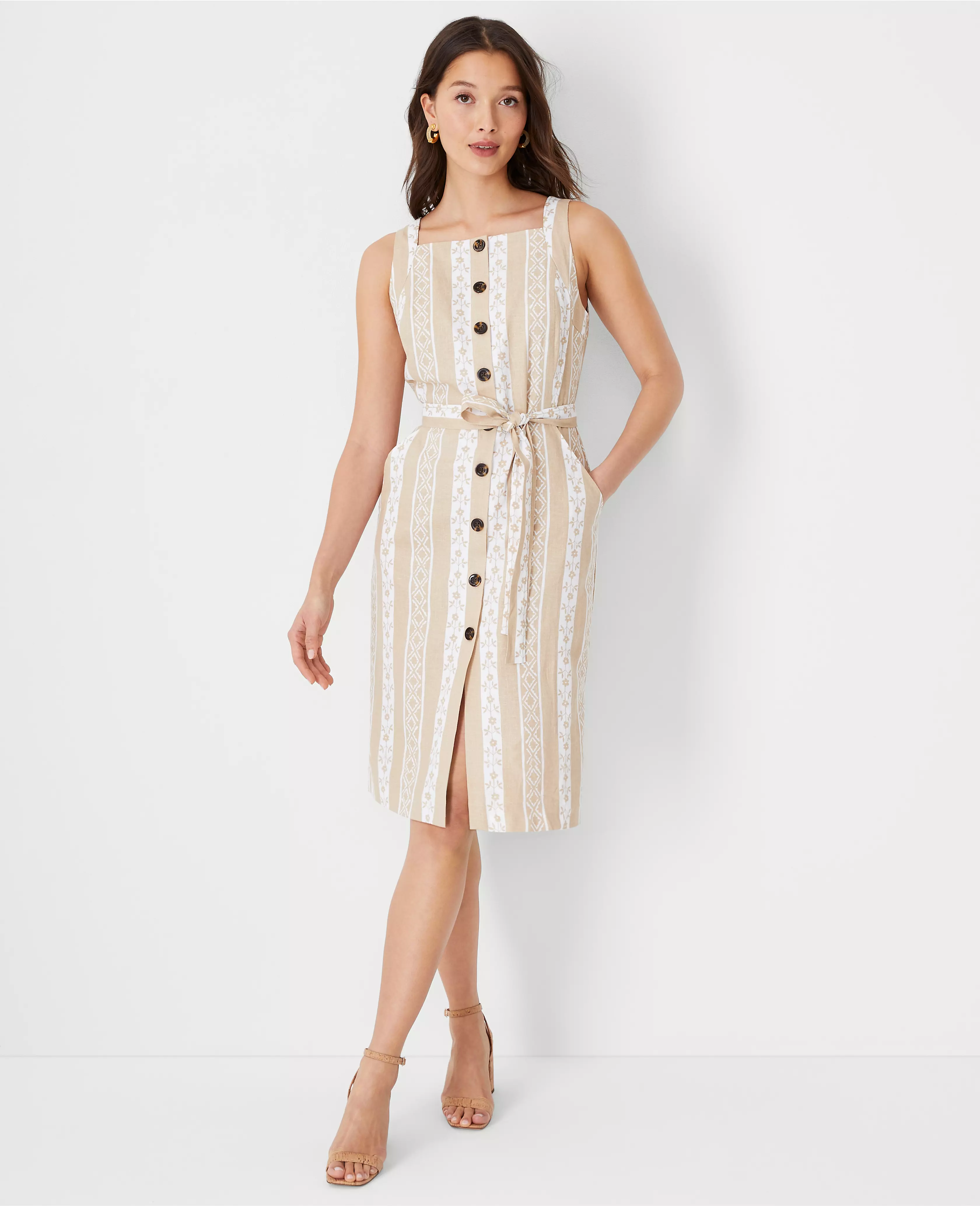 Striped Linen Blend Halter Pocket Dress