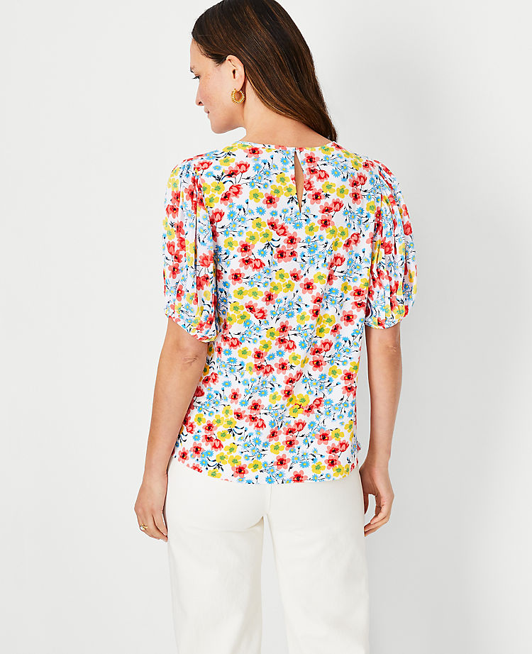 Floral Pleated Elbow Sleeve Mixed Media Top