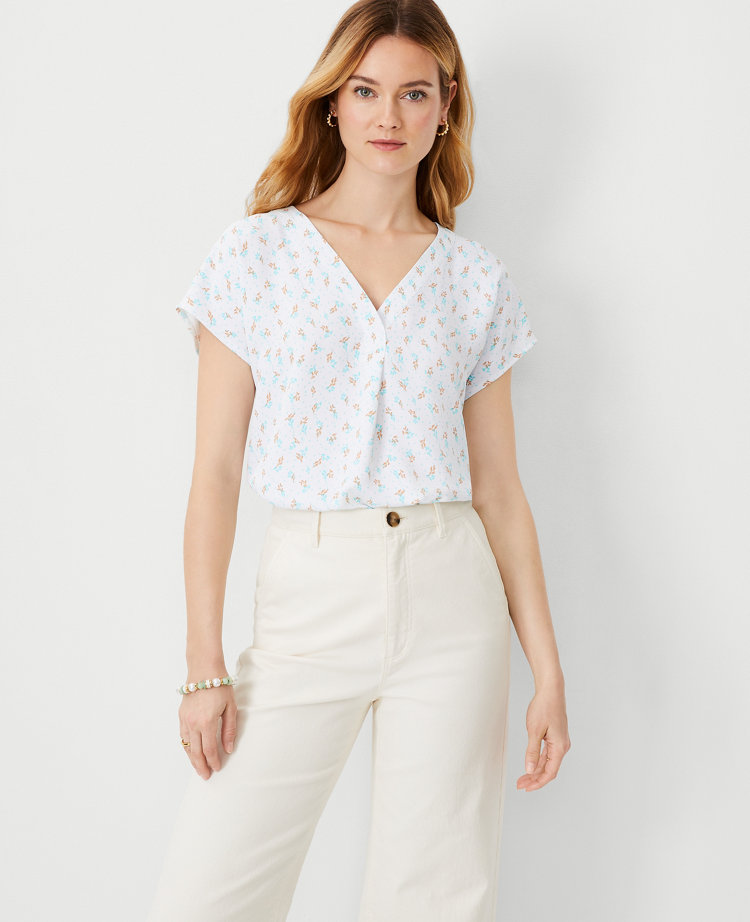 Leafed Mixed Media Pleat Front Top