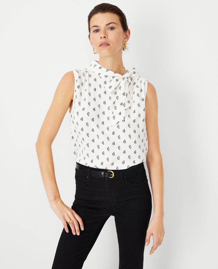 Petaled Asymmetrical Tie Neck Mixed Media Shell