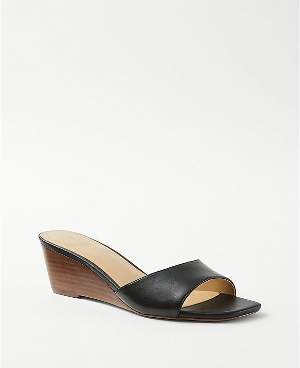 Leather Low Wedge Slide Sandals