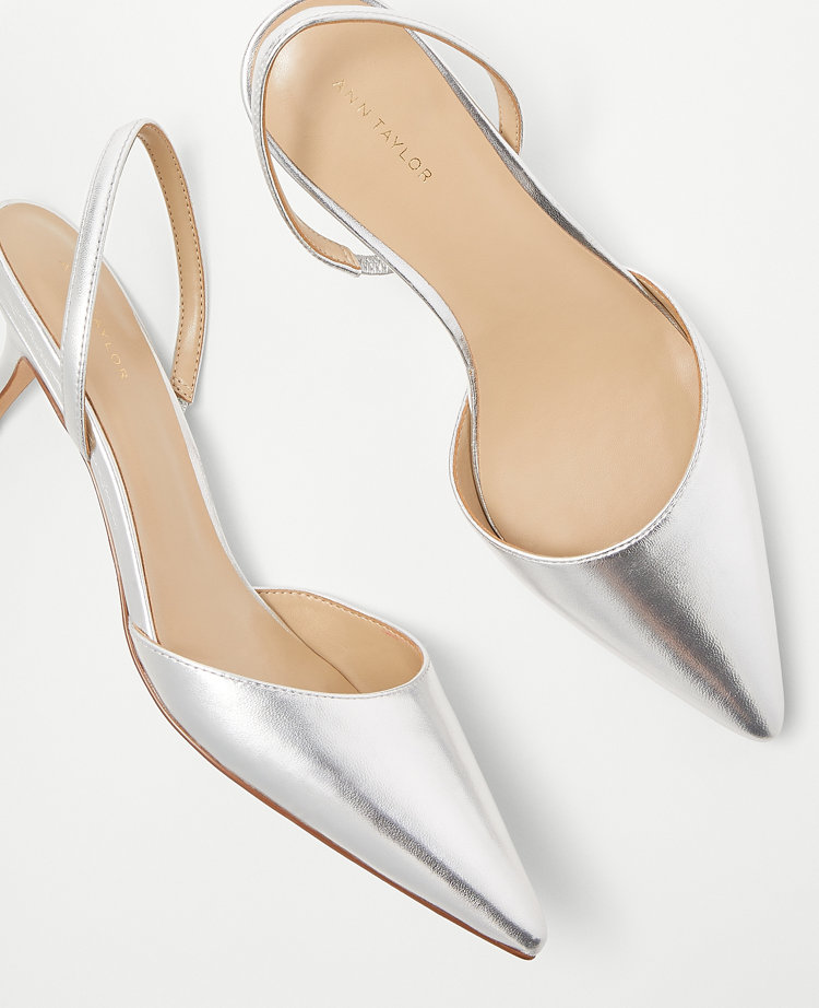 Metallic Leather Kitten Heel Slingback Pumps