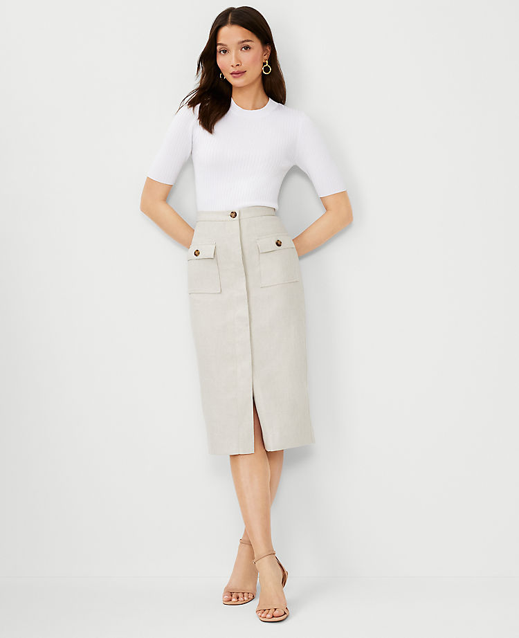 Linen Blend Button Pocket Pencil Skirt