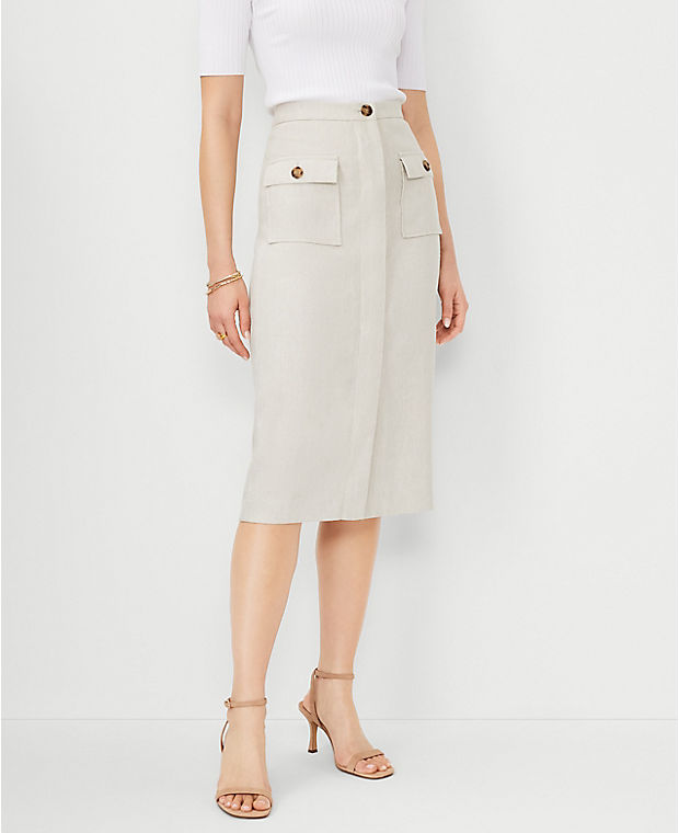 Linen Blend Button Pocket Pencil Skirt