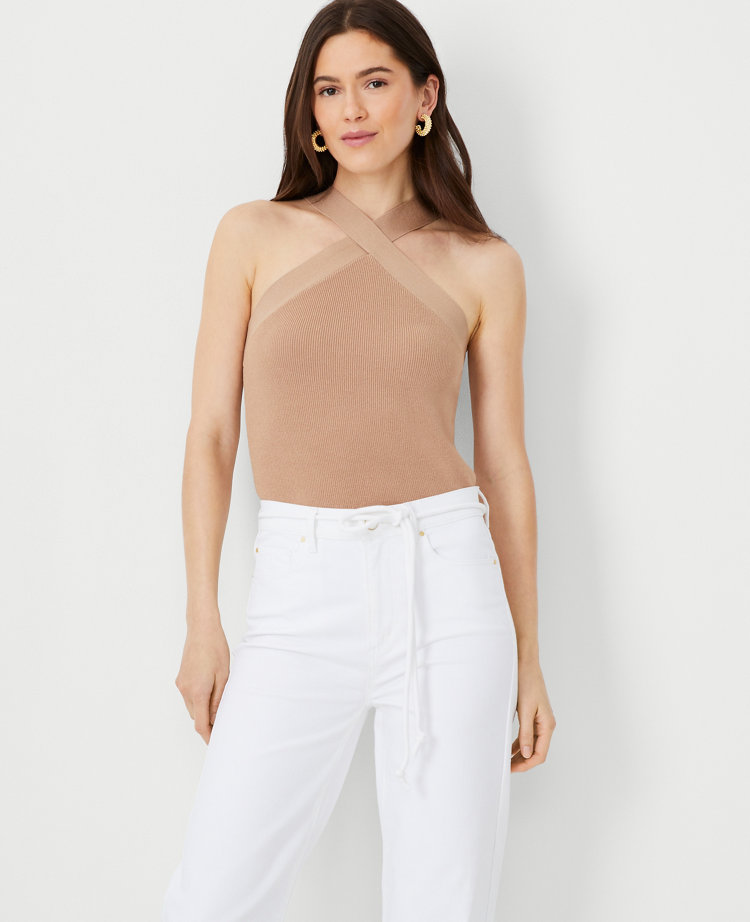 Ann Taylor Criss Cross Halter Sweater Shell Top In Cafe Au Lait