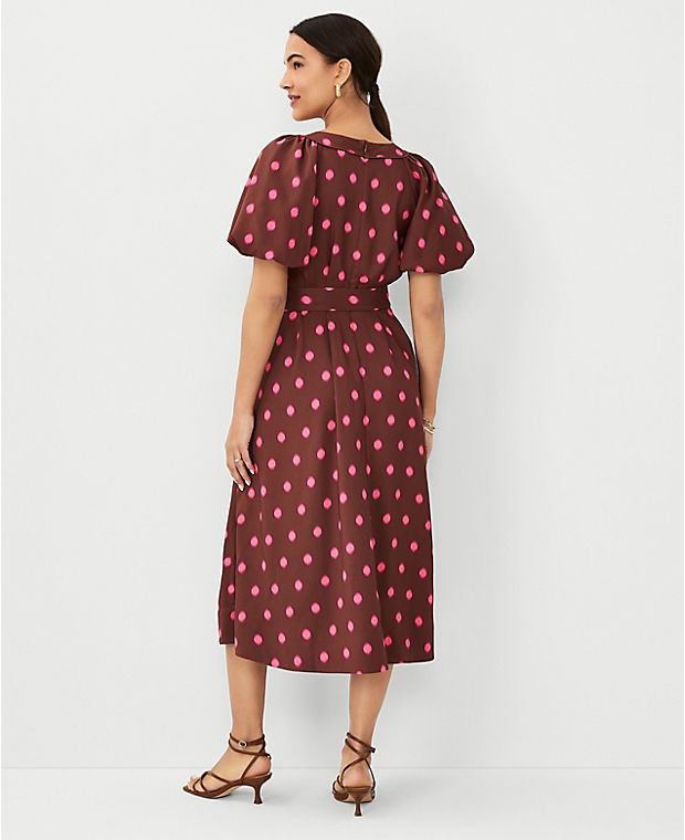 Dotted Puff Sleeve Belted Flare Dress