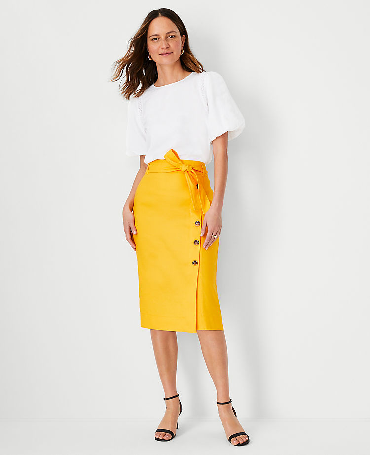 Linen Blend Button Wrap Pencil Skirt