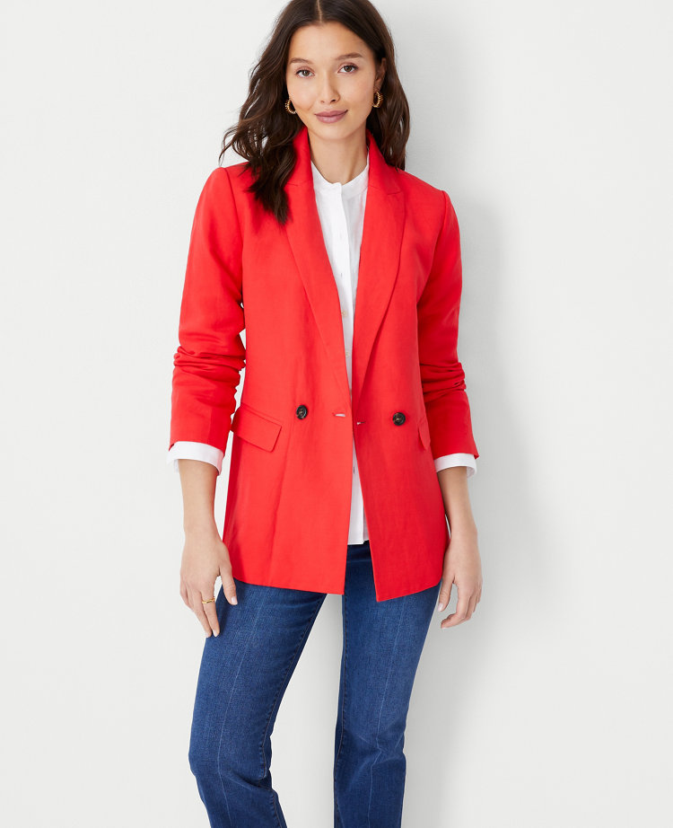 The Petite Long Fitted Notched One Button Blazer in Fluid Crepe