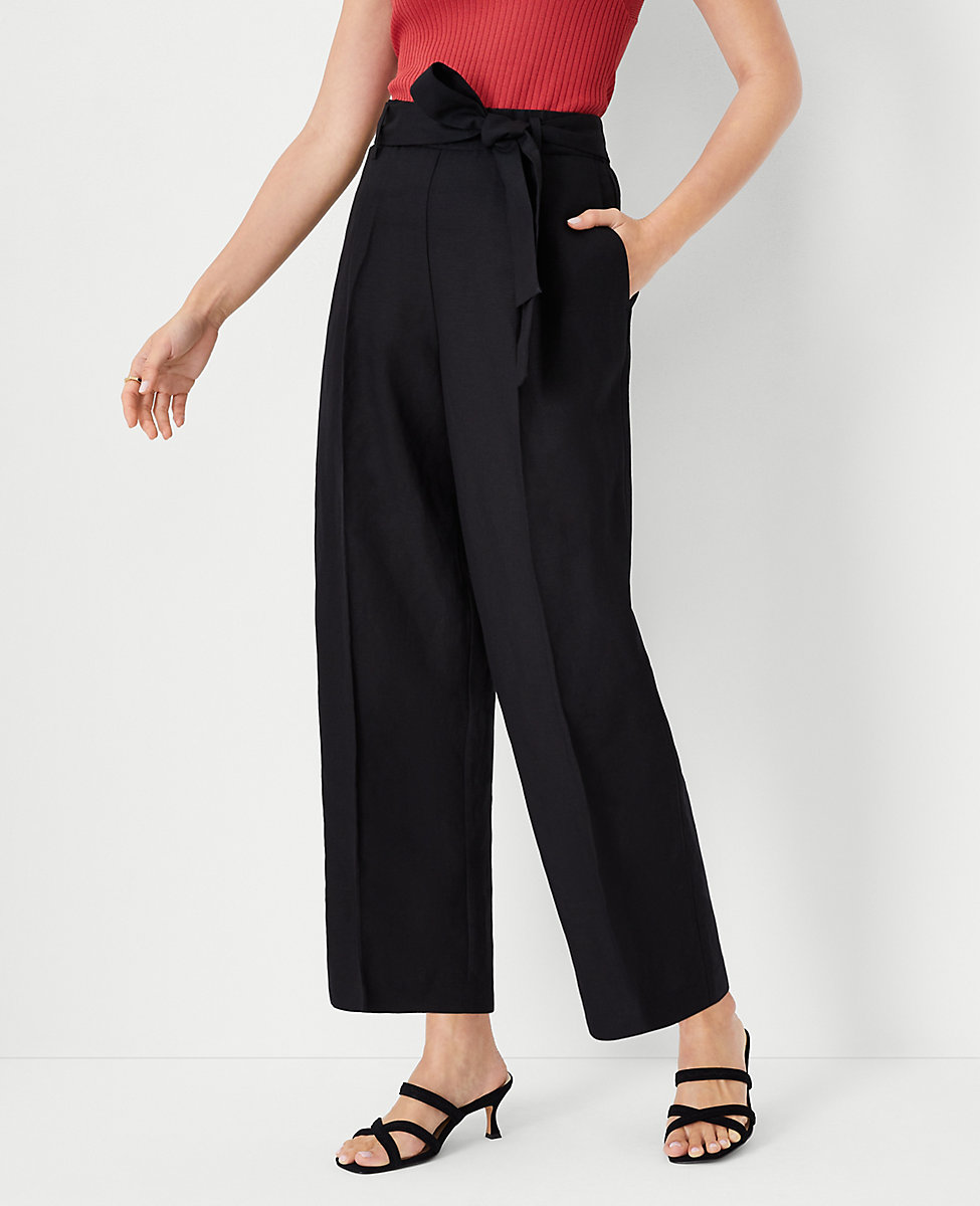 The Petite Tie Waist Straight Ankle Pant in Linen Blend