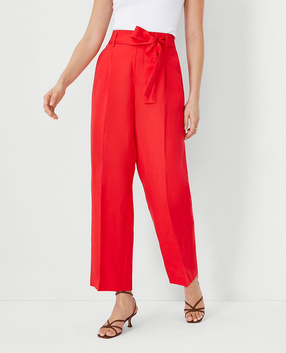 The Petite Tie Waist Straight Ankle Pant in Linen Blend