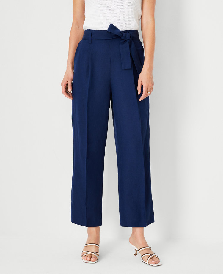 The Petite Tie Waist Straight Ankle Pant in Linen Blend