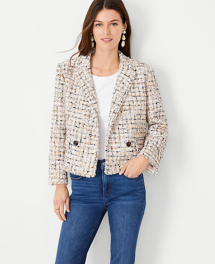 Petite Multicolored Tweed Double Breasted Blazer