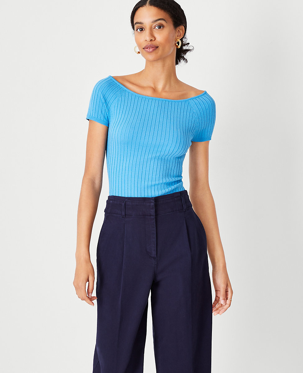 Petite Ribbed Wide Neck Sweater Tee