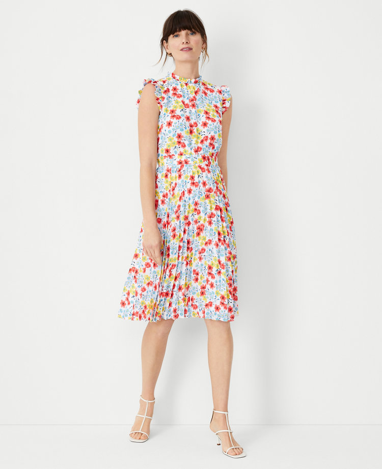 Ann Taylor Petite Floral Ruffle Pleated Flare Dress In White | ModeSens