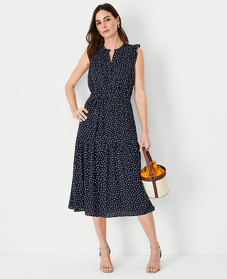 Petite Spotted Ruffle Belted Flare Dress