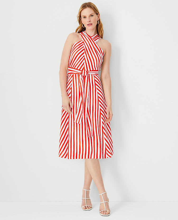 Petite Striped Crossover Neck Wrap Dress