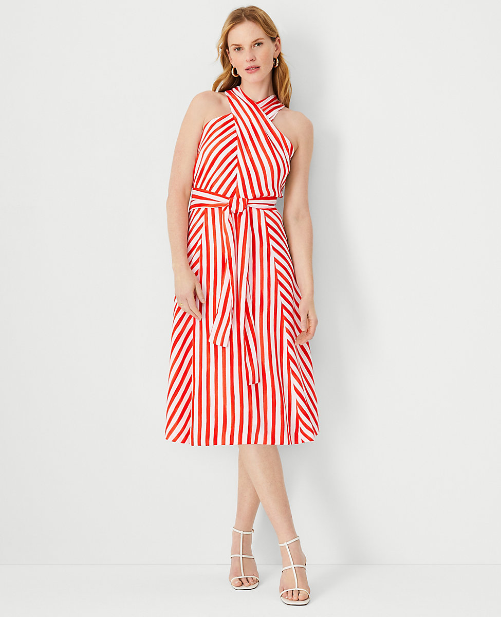 Petite Striped Crossover Neck Wrap Dress