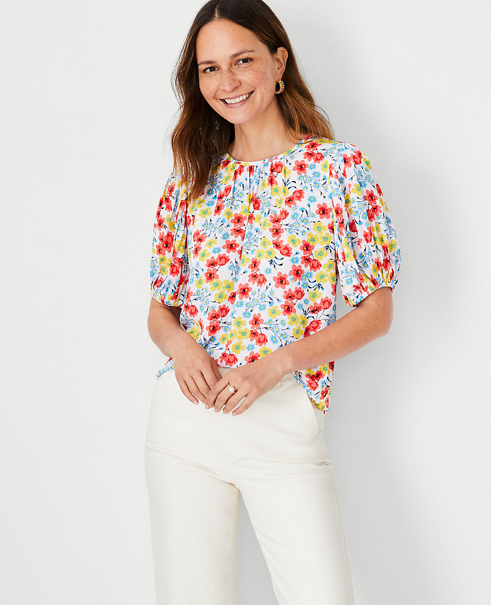 Petite Floral Pleated Elbow Sleeve Mixed Media Top