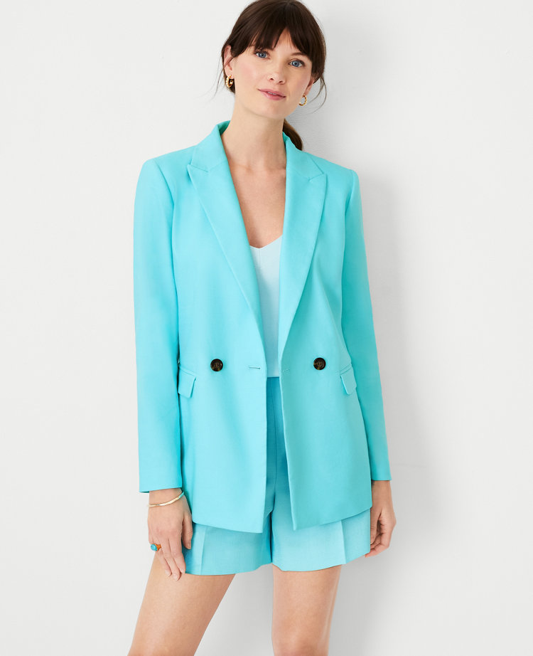 The Petite Relaxed Double Breasted Long Blazer in Linen Blend