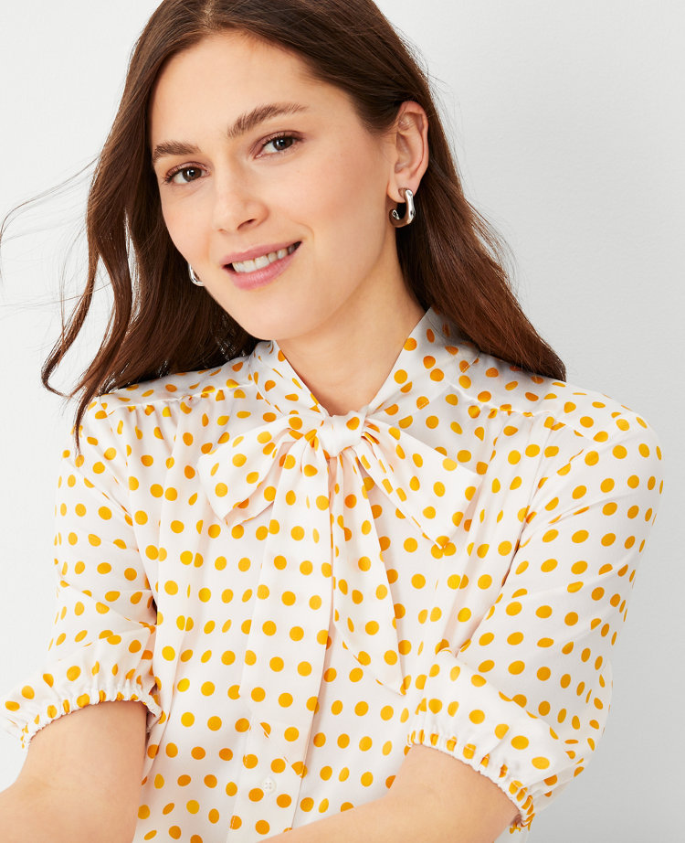 Dotted Half Placket Tie Neck Blouse