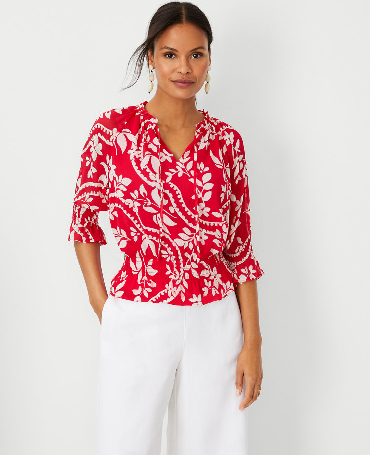 Tropical Smocked Ruffle Tie Neck Top