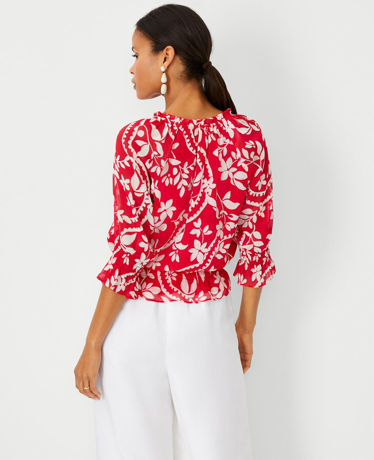 Tropical Smocked Ruffle Tie Neck Top