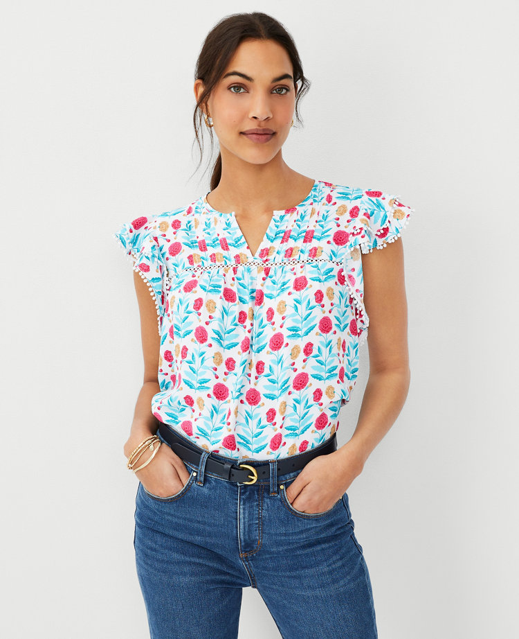 Petite Floral Bobble Mixed Media Flutter Sleeve Top