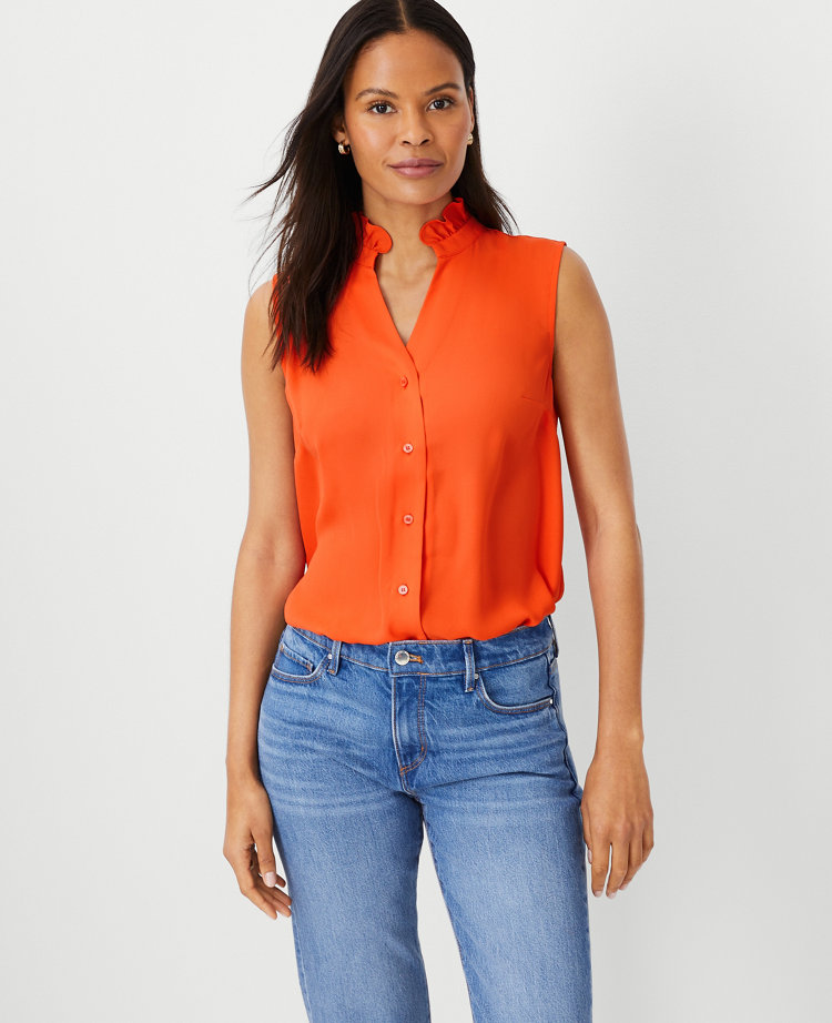 Petite Sleeveless Ruffle Button Top