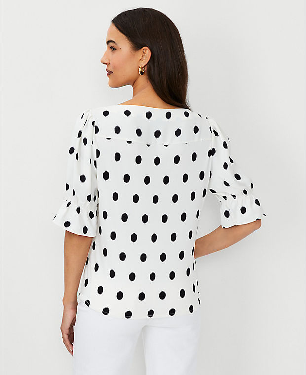 Dotted Ruffle Mixed Media Puff Sleeve Top