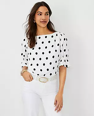 Petite Dotted Ruffle Mixed Media Puff Sleeve Top carousel Product Image 1