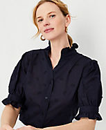 Petite Embroidered Ruffle Button Top carousel Product Image 1