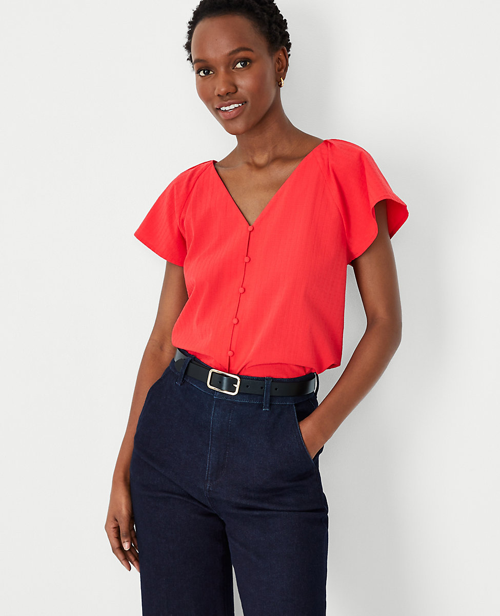 Petite Pleated V-Neck Button Top
