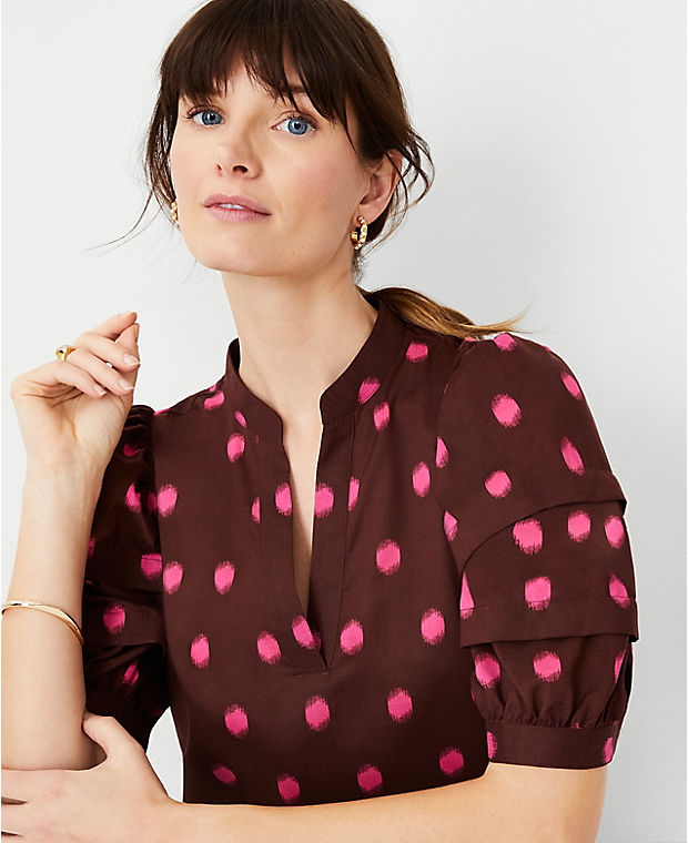 Petite Dot Pintucked Puff Sleeve Popover