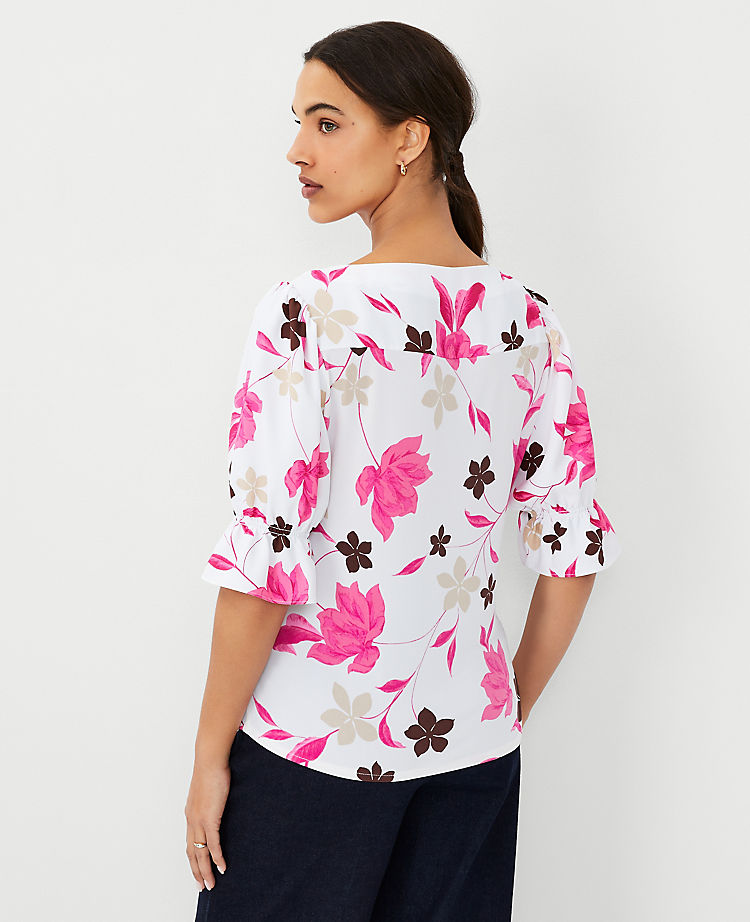 Floral Ruffle Mixed Media Puff Sleeve Top
