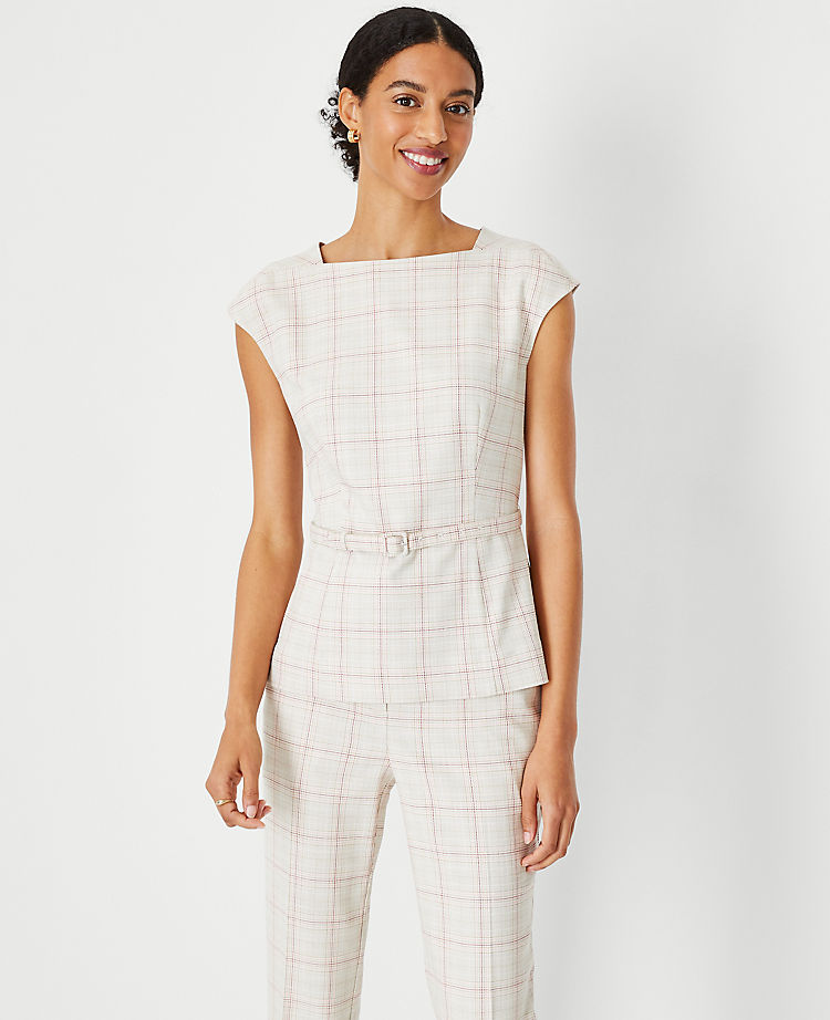 The Petite Belted Envelope Boatneck Top in Plaid