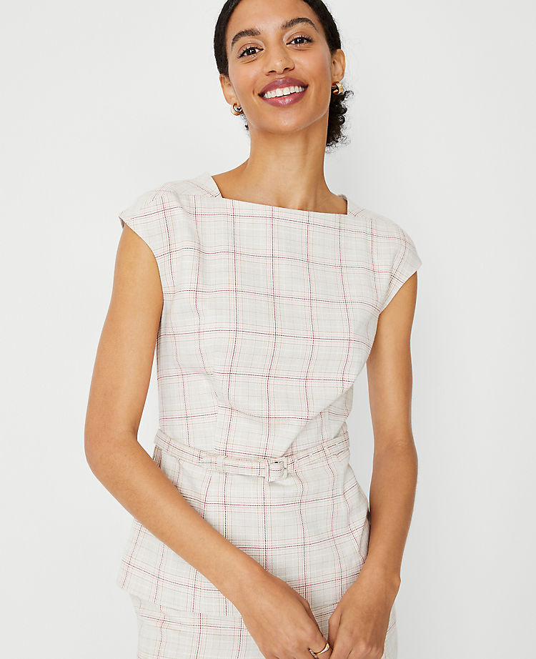 The Petite Belted Envelope Boatneck Top in Plaid