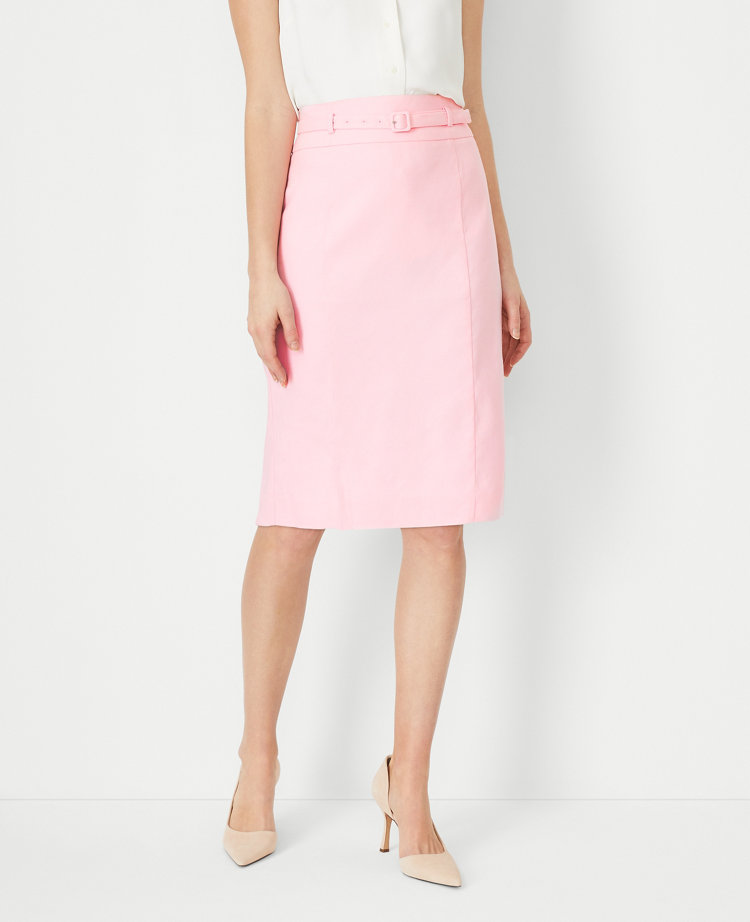 The Petite Belted Seamed Pencil Skirt in Linen Blend