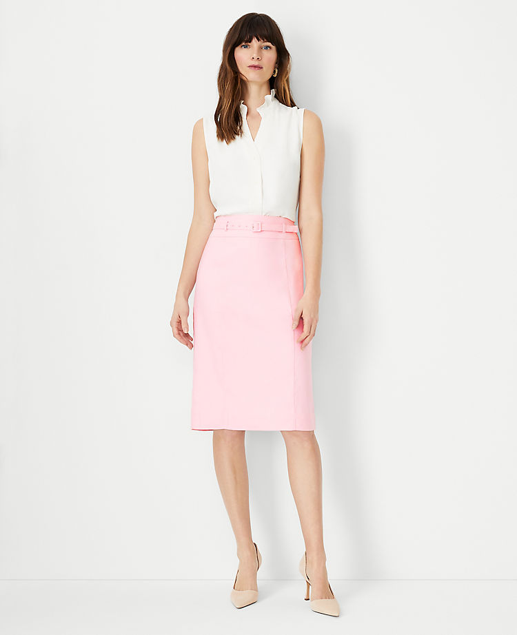 The Petite Belted Seamed Pencil Skirt in Linen Blend
