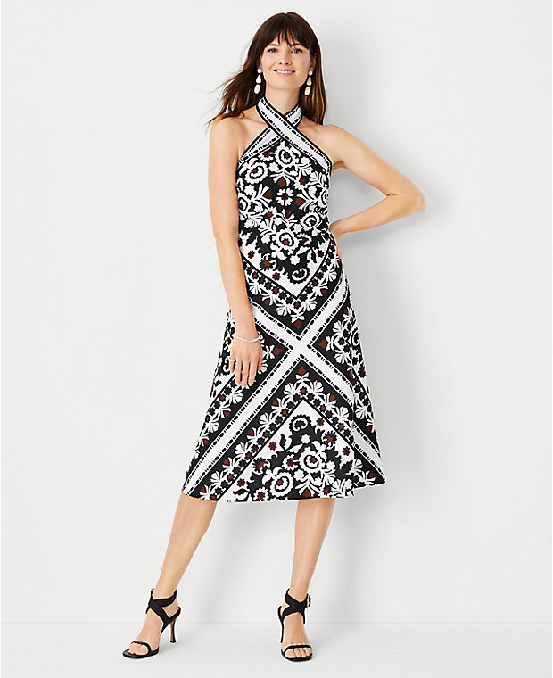 Petite Scarf Print Linen Blend Crossover Halter Dress