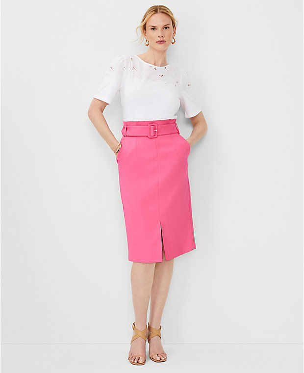 Petite Paperbag Belted Front Slit Pencil Skirt