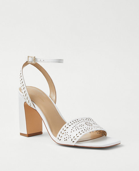 Perforated Leather High Block Heel Sandals