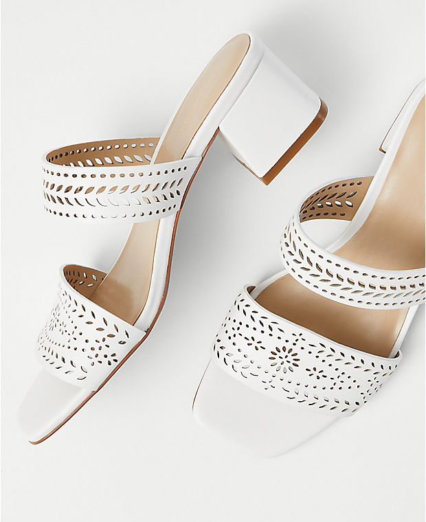 Perforated Leather Block Heel Mules