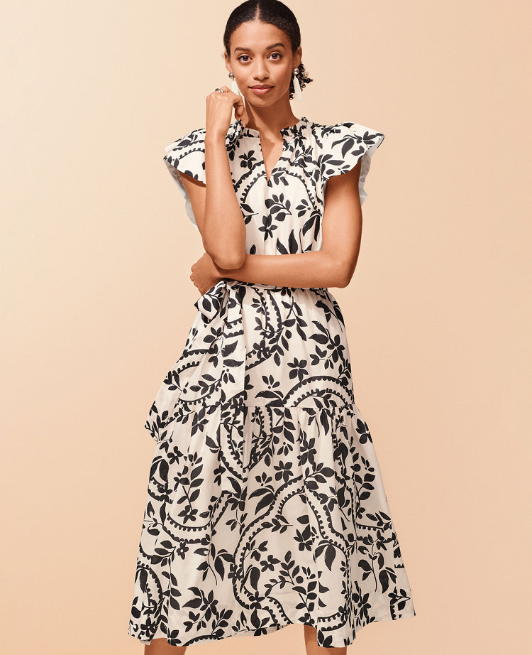 Petite Tropical Flutter Sleeve Midi Flare Dress