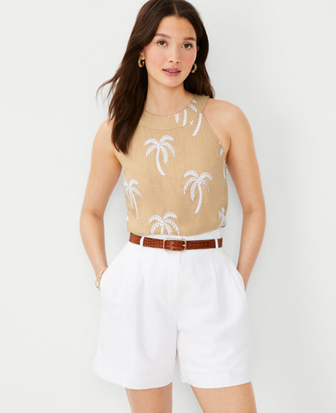 Petite Palm Embroidered Button Back Halter Top