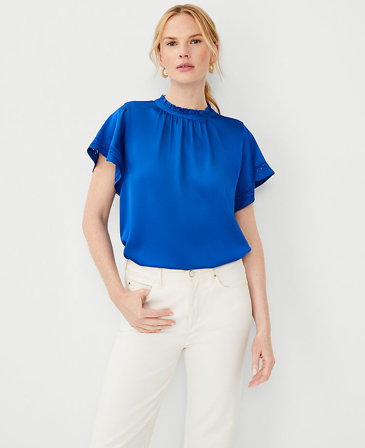 Embroidered Ruffle Mixed Media Top