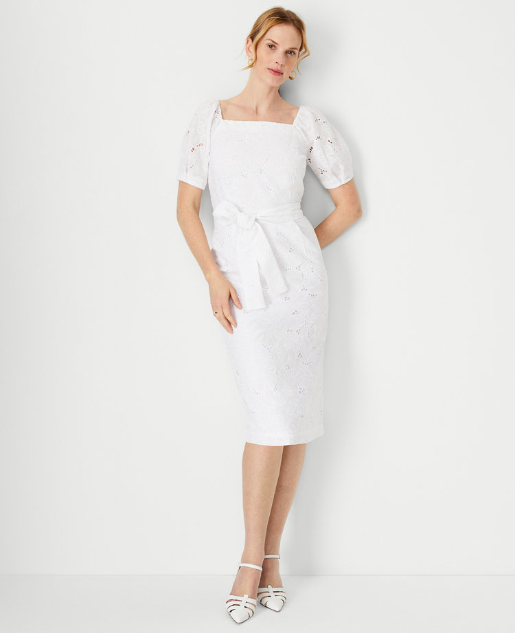 Elegant Criss Cross White Lace Eyelet Dress Puff Sleeve – SOUISEE